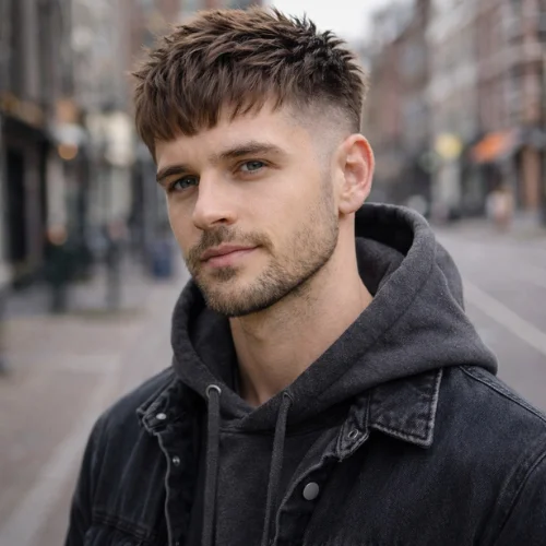 layered french crop haircut on young man with textured top and natural volume