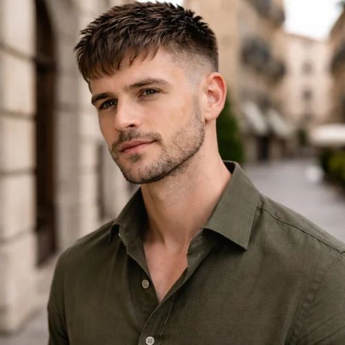 slicked french crop haircut on long face man wearing dark green shirt with polished finish