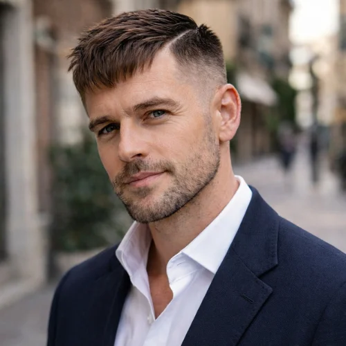 hard part french crop haircut on mature man with sharp defined line and clean fade