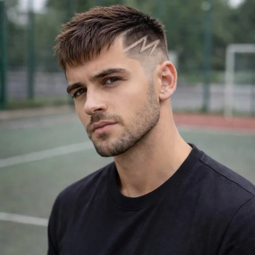 french crop haircut with hair design pattern on side on boy in playground