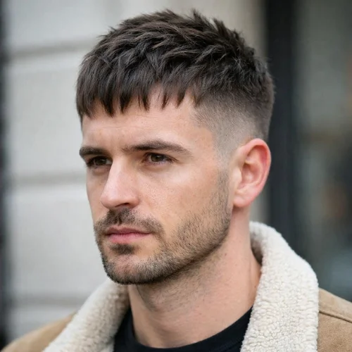French crop for thin hair with textured fringe and low fade for volume