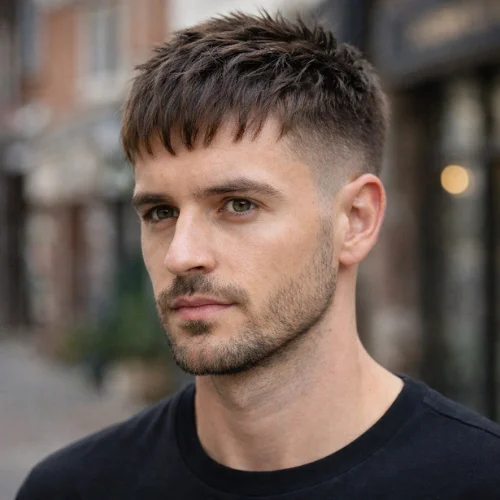thik hair french crop haircut with textured fringe and natural volume effect