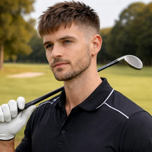 undercut french crop haircut on boy holding golf club with sharp contrast sides