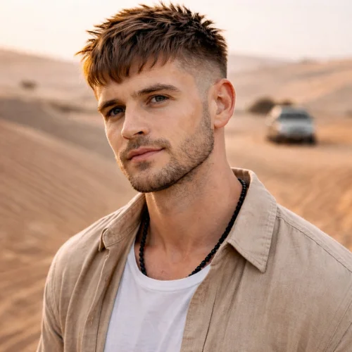 choppy french crop haircut on man in desert with textured edgy top