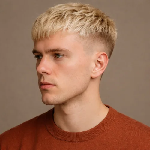 Blonde textured crop hairstyle man wearing brown sweatshirt with neutral expression