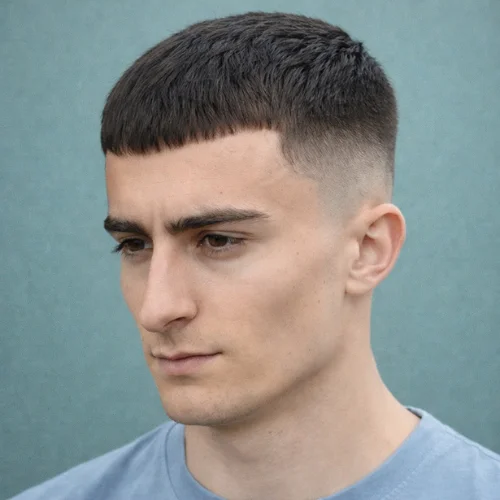 Buzz cut French crop haircut for men with ultra-short fringe, clean fade sides and sharp minimal look