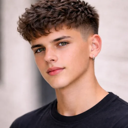 Curly French crop haircut for men with textured curls, low fade sides and modern youthful look