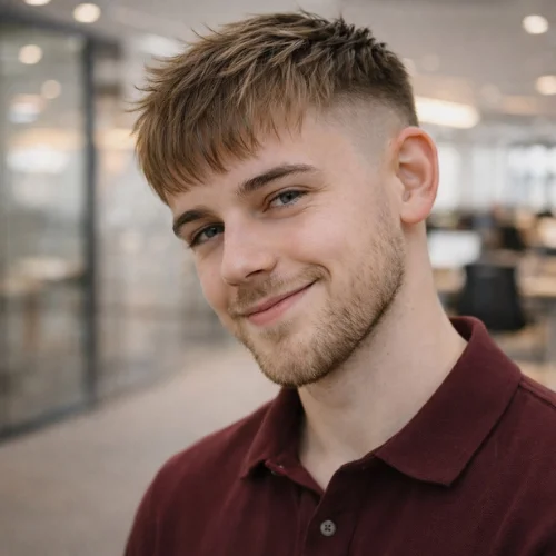 Young man with textured French crop haircut and low fade in a modern office setting.
