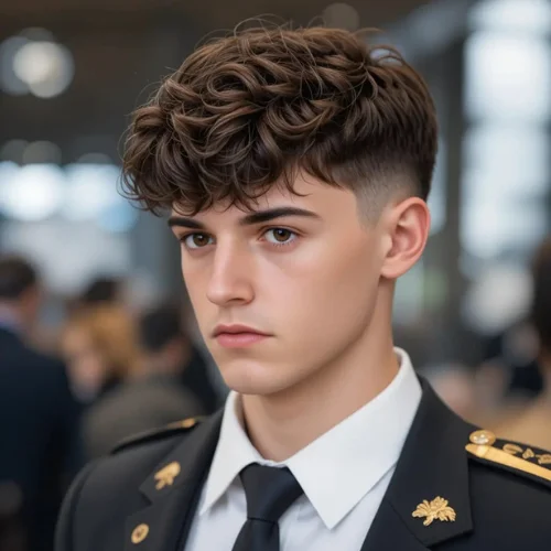 Fluffy French crop hairstyle with curly textured top and clean fade, modern short haircut for men, stylish professional look