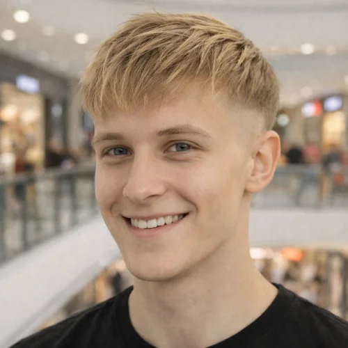 Blonde French crop haircut for men with soft textured fringe, clean fade sides and fresh youthful look