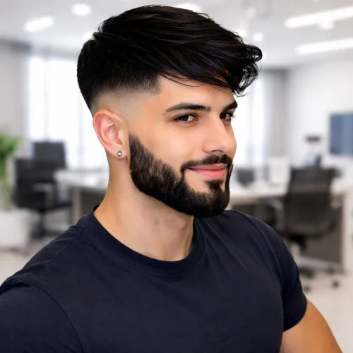 French crop burst fade hairstyle for men with textured top, clean burst fade on sides, modern men’s haircut with styled beard