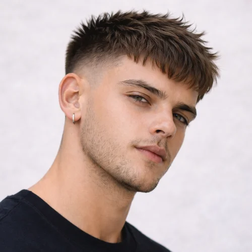 French crop burst fade haircut for men with short textured fringe and smoothly faded sides, modern trendy men’s hairstyle on a natural adult model against a clean background.