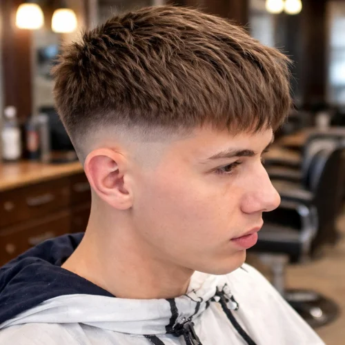 French crop drop fade hairstyle for men with textured top, smooth drop fade on sides, modern barbershop haircut