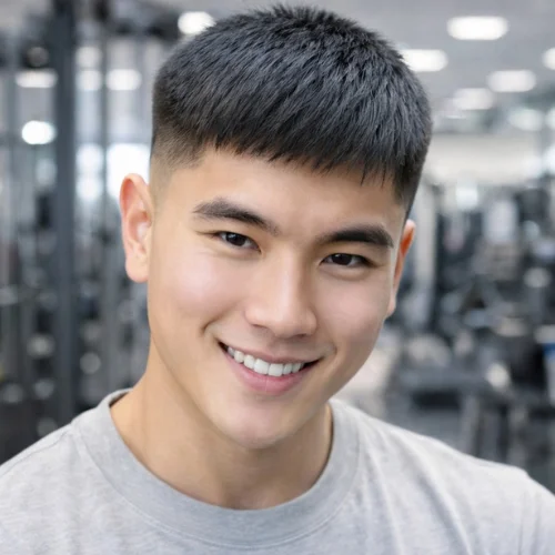Smiling man with a French crop fade hairstyle, perfect for Asian hair, wearing a gray t-shirt in a gym setting. Modern and clean-cut hairstyle for a fresh, youthful appearance.