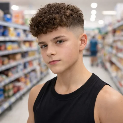 Teenage boy with curly hair and a French crop fade, wearing a black sleeveless shirt, posing confidently in a supermarket aisle. Stylish and modern haircut for curly hair, offering a fresh, youthful look.