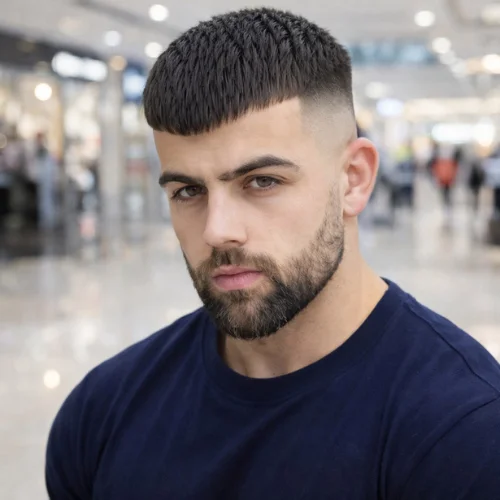 Man with short French crop fade hairstyle and a full beard, wearing a navy blue t-shirt. Stylish and modern haircut for men, featuring a clean look with sharp edges in a busy indoor setting.