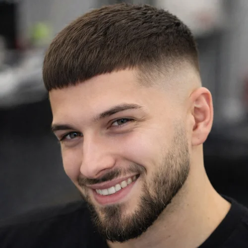 Smiling man with French crop fade hairstyle and a well-groomed beard, showcasing a modern haircut for straight hair. Stylish and clean look with a confident expression in a barber shop setting.