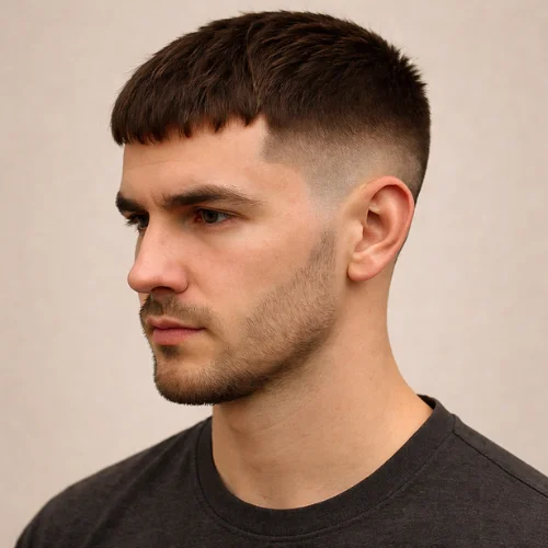 A side profile portrait of a young man with a French crop fade haircut, featuring a short blunt fringe, clean low fade on the sides, and a sharp modern men’s hairstyle.
