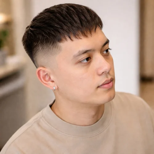 French crop haircut with high fade for men, short textured top and clean high faded sides, modern stylish men’s hairstyle