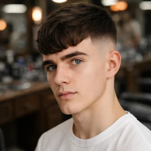 French Crop Low Fade haircut for men with textured fringe and clean faded sides