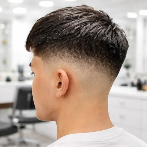 French Crop Mid Fade haircut for men showing clean mid fade sides and textured top from back view
