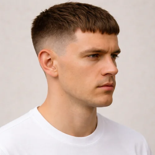 French crop haircut with mid fade on the sides and short blunt fringe, stylish modern men’s hairstyle shown in side profile.