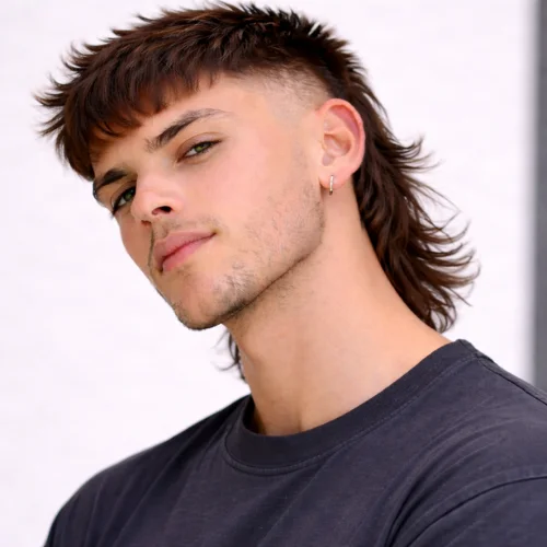 Modern French crop mullet hairstyle for men featuring short fringe, skin fade sides and long mullet back