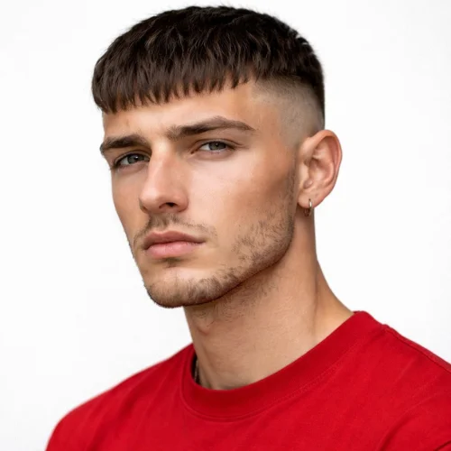 Men’s French crop skin fade haircut with short fringe