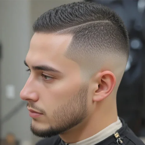 French crop taper fade haircut for men with short textured top, clean skin taper sides and sharp professional look