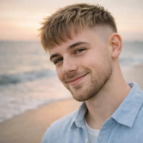 Smiling young man with a textured French crop haircut featuring a soft fringe and clean faded sides, light beard styling, photographed outdoors with a beach and ocean background at sunset.
