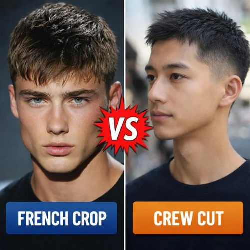 French crop vs crew cut hairstyle comparison for men, textured French crop haircut on left and clean short crew cut fade on right