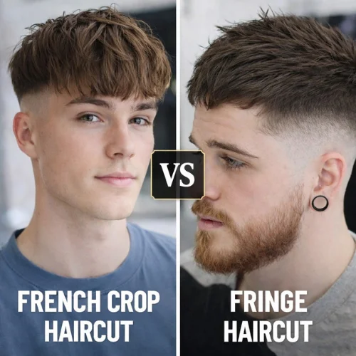 French crop vs fringe haircut comparison for men, short textured French crop on left and modern fringe haircut with fade on right