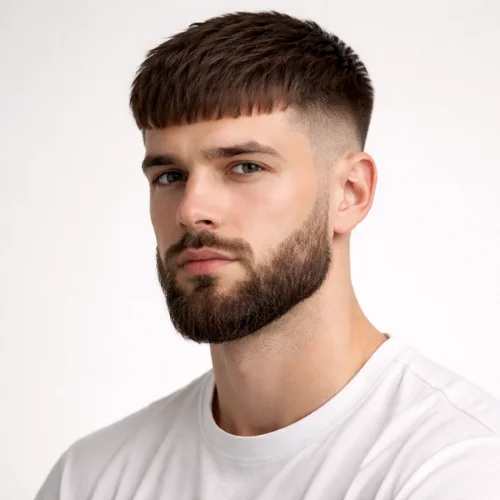 French crop haircut with beard for men featuring short textured fringe, clean fade sides and sharp modern look