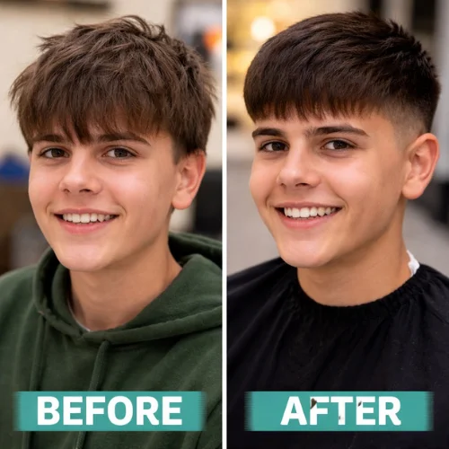 French crop haircut before and after comparison showing a modern men’s hairstyle with textured fringe and clean faded sides