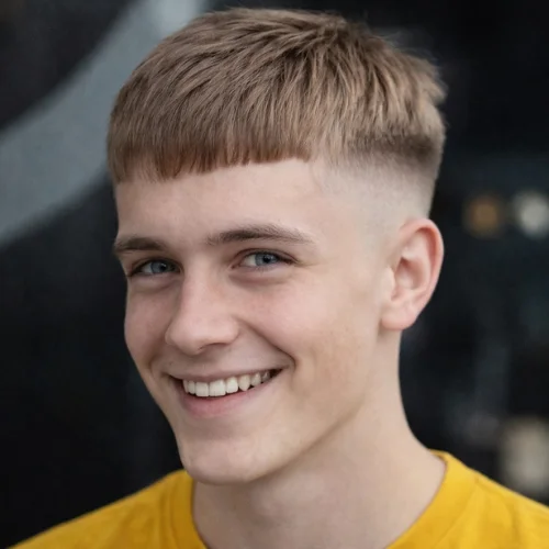 French crop top haircut for men with blunt fringe, clean skin fade sides and fresh modern look