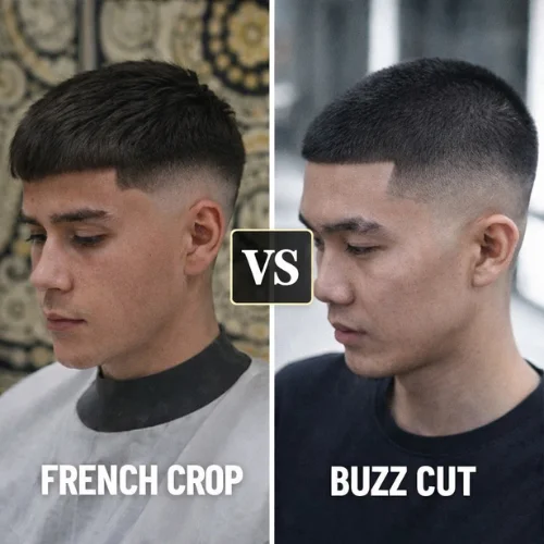 French crop vs buzz cut hairstyle comparison showing side profile of male haircut with fade, clean hairline and modern barber style