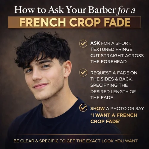 Infographic on how to ask your barber for a French crop fade, featuring a young man with textured fringe and a fade. Tips include requesting a short fringe across the forehead, specifying the fade length, and showing a photo for reference.