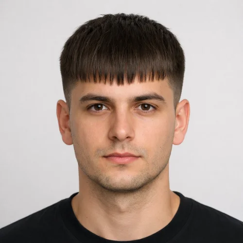 Modern long French crop hairstyle for men featuring blunt bangs, short faded sides and sharp haircut style