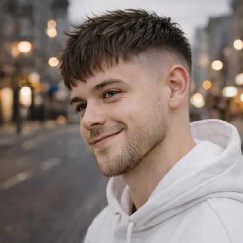 Textured French crop haircut for men with low fade, modern short hairstyle, side profile outdoor portrait