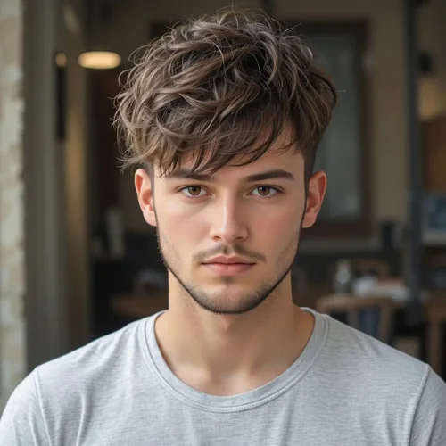 Trendy messy crop top hairstyle for men with textured layers, light stubble beard and modern casual look – men’s haircut inspiration
