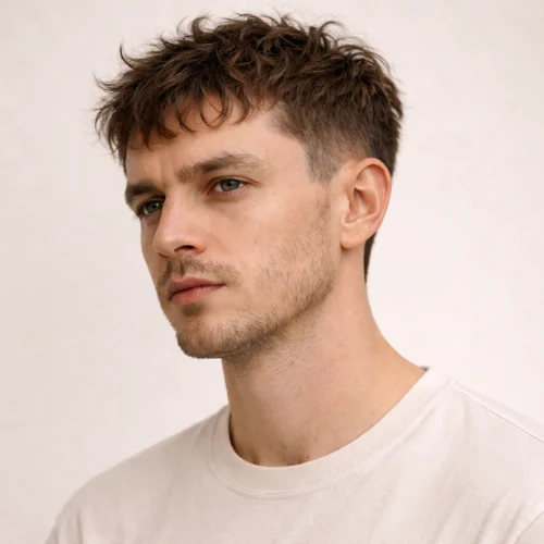 Messy French crop haircut for men with textured short hair, faded sides and light stubble beard – modern men’s hairstyle trend