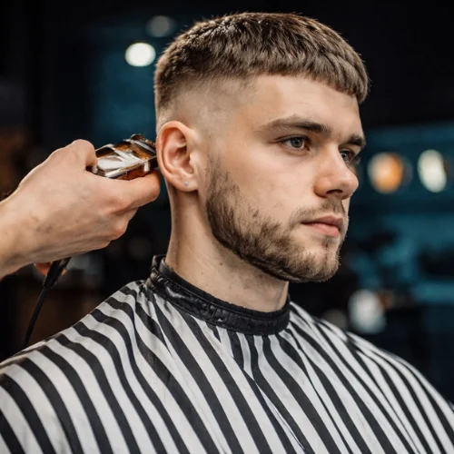 Modern French crop haircut for men being styled at barber shop with short blunt fringe, clean fade sides and sharp beard