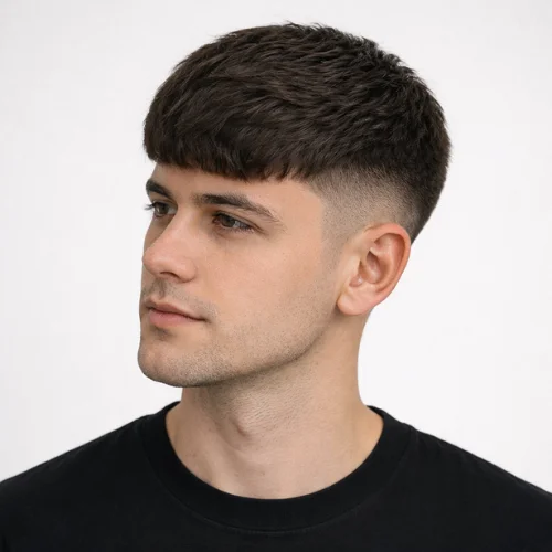 Modern French crop haircut with low fade sides and short textured top, clean men’s hairstyle shown in side profile against a plain background.