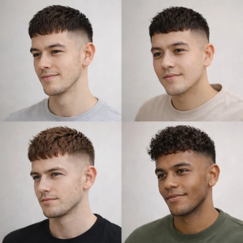 Recommended face shapes for textured French crop haircut, oval round and square face shapes, modern men hairstyle