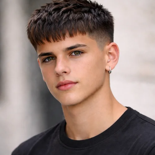 Short French crop haircut for men with textured fringe, clean fade sides and sharp modern look