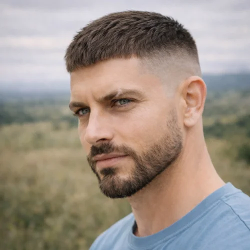 Short textured French crop haircut for men with clean fade sides, modern low-maintenance men’s hairstyle