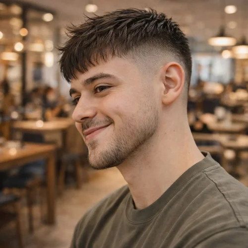 Textured French crop burst fade haircut with clean side fade, young man smiling in a modern café setting