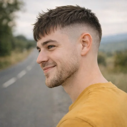 Textured French crop haircut with clean drop fade, young man smiling outdoors on a countryside road