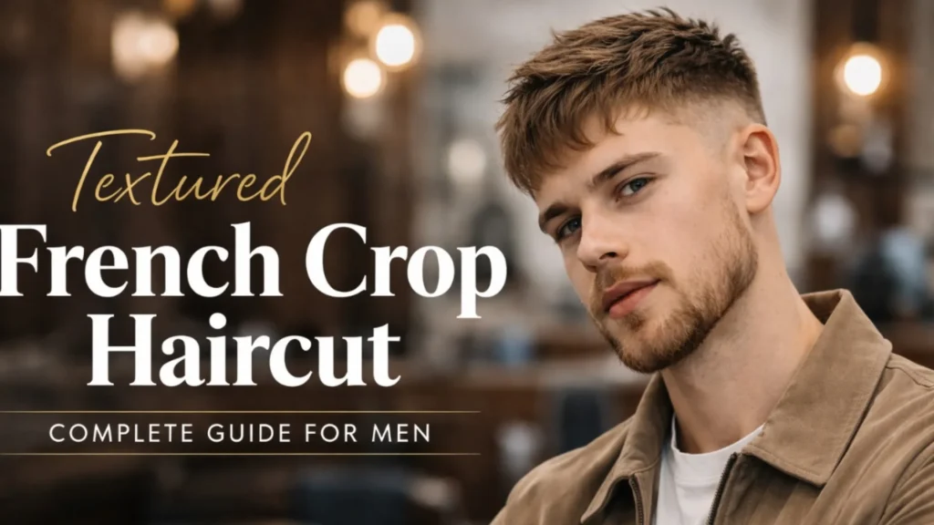 Textured French crop haircut for men, modern short hairstyle with clean finish and natural texture