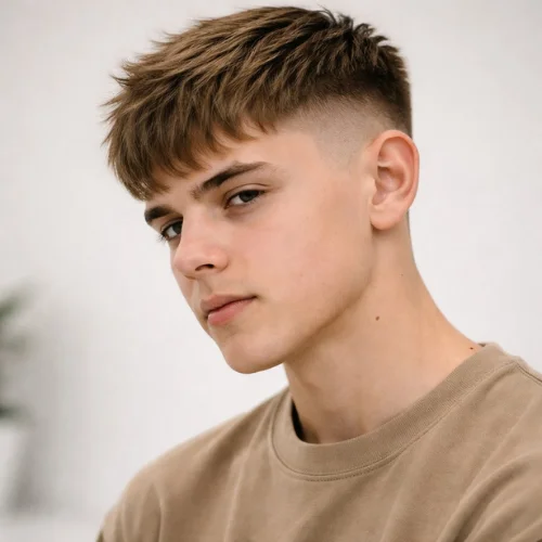 Textured French crop haircut with low taper fade for men, clean sides and natural textured top, modern stylish men’s hairstyle